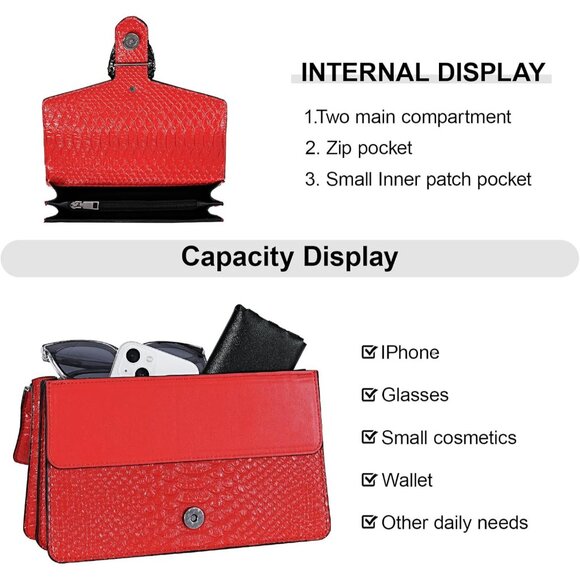 ⚡ Women's Red Snake Vegan Leather Print Casual Fashion Satchel Crossbody Handbag - Picture 7 of 7